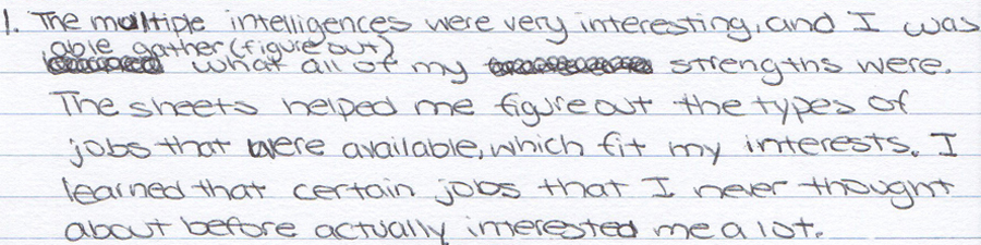 student writing about multiple intelligences