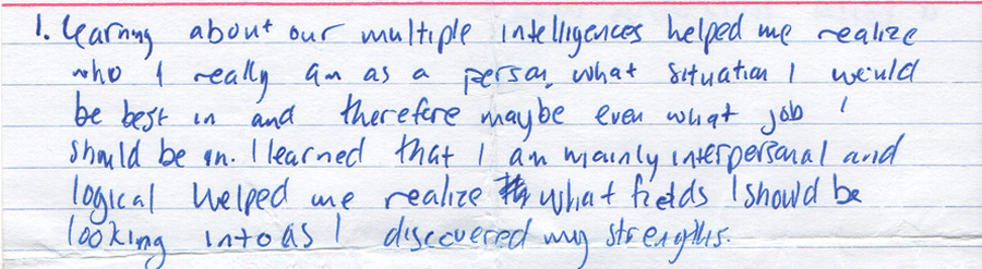 student writing about multiple intelligences