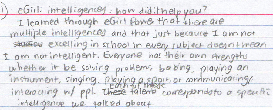 student writing about multiple intelligences