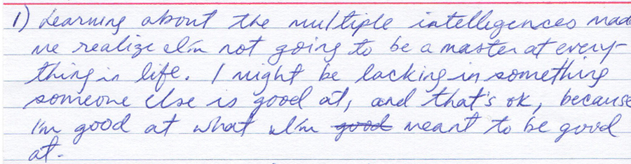 student writing about multiple intelligences