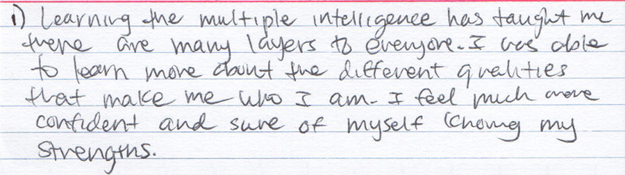 student writing about multiple intelligences